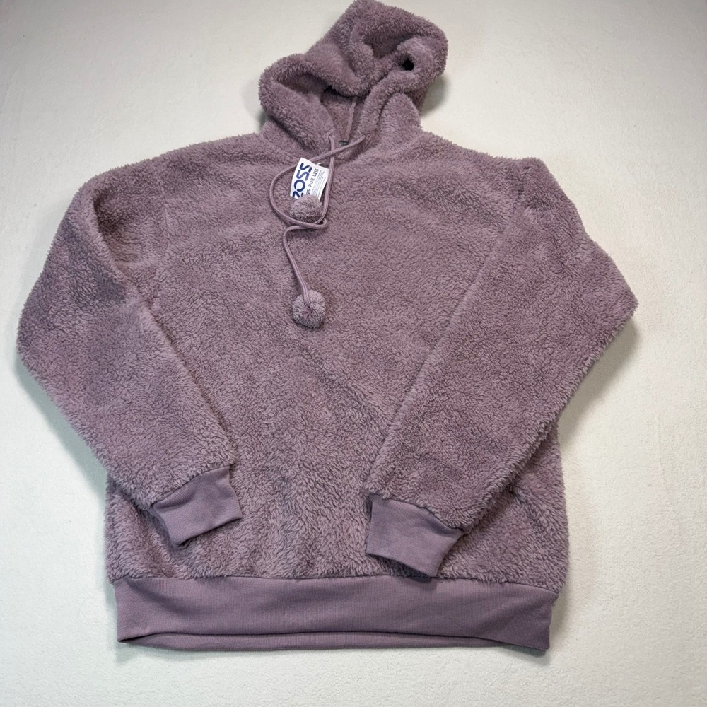 Cold Crush Womens Teddy Fleece Hoodie Pom Pom Drawstring Purple Small NWT‎